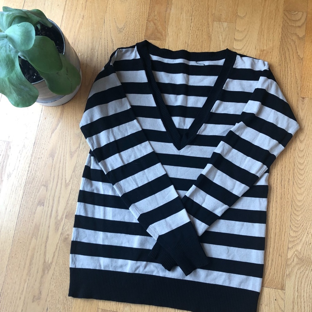 Black and Cream Striped V-Neck Top